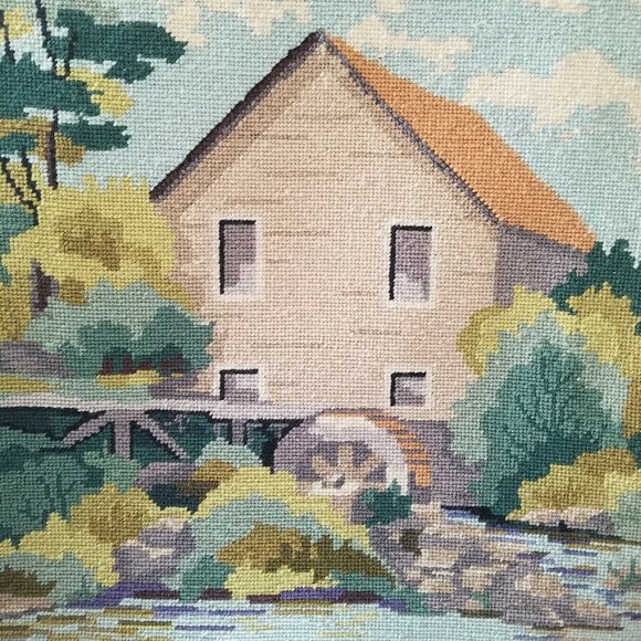 Vtg NEEDLEPOINT Tapestry- Cottage and Water Mill - Picture 3 of 10